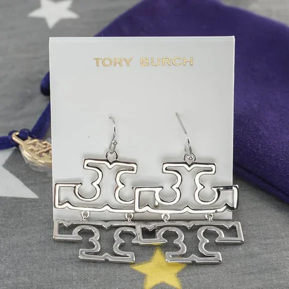 NEW Tory Burch Britten Hinged Dangle Statement Earrings in Silver Polished - Picture 2 of 5